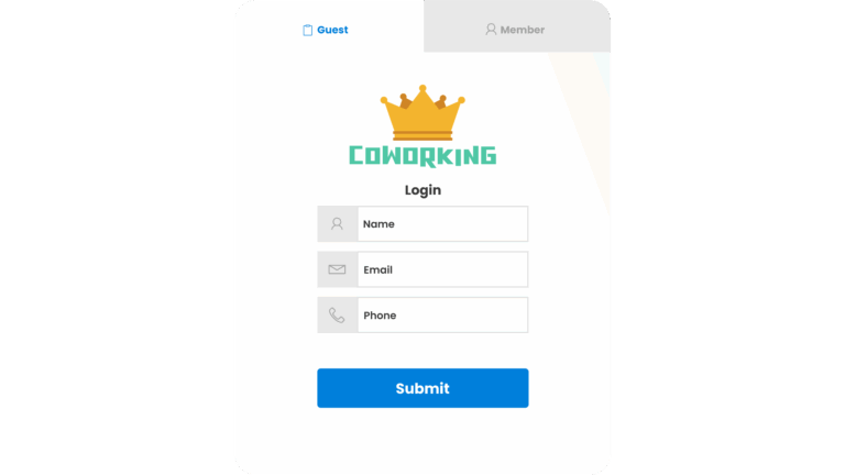 Branded guest Wi-Fi login portal with name, email, and phone fields