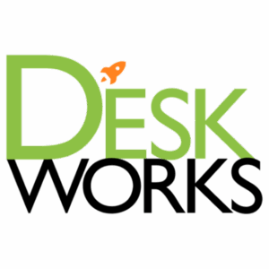 Deskworks logo with workspace management features list