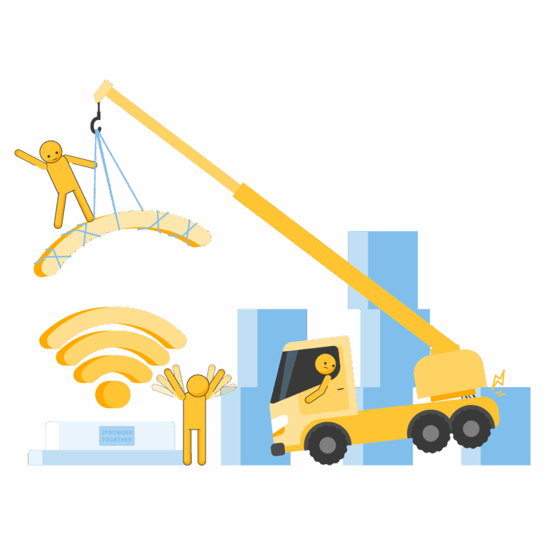 Illustration of a person in a crane lifting a Wi-Fi symbol to connect workspace tools