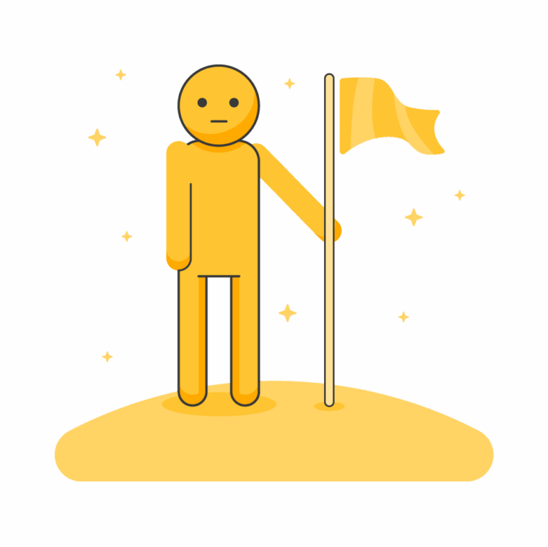 Illustration of a person planting a flag on a hill, representing isofy’s mission