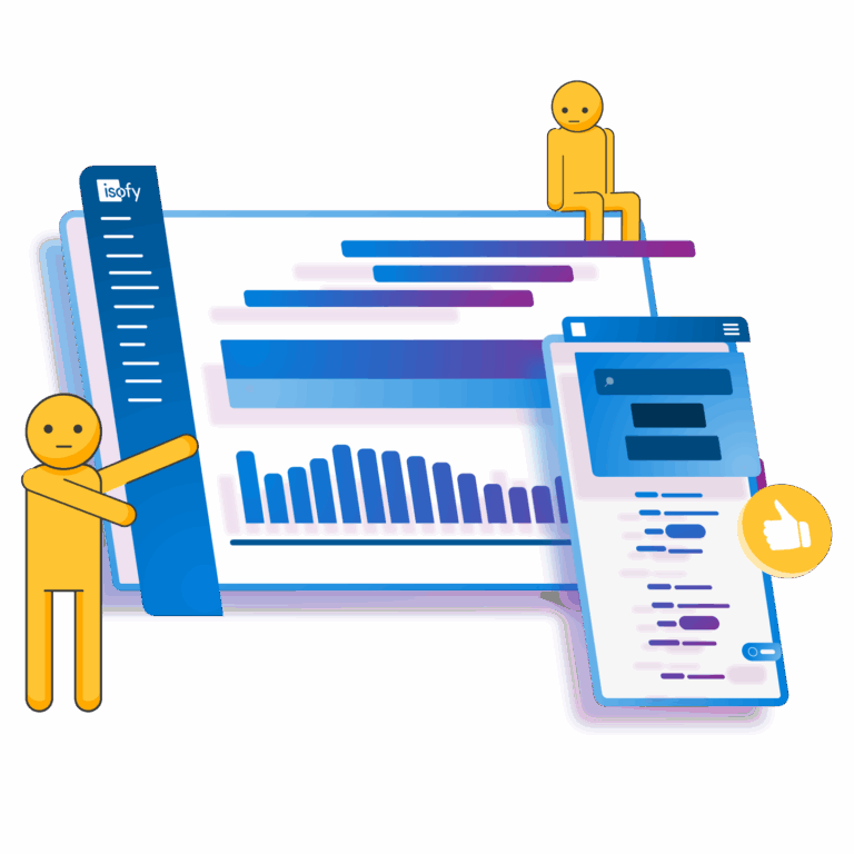 Illustration of a person analyzing network data on a laptop with large charts in the background
