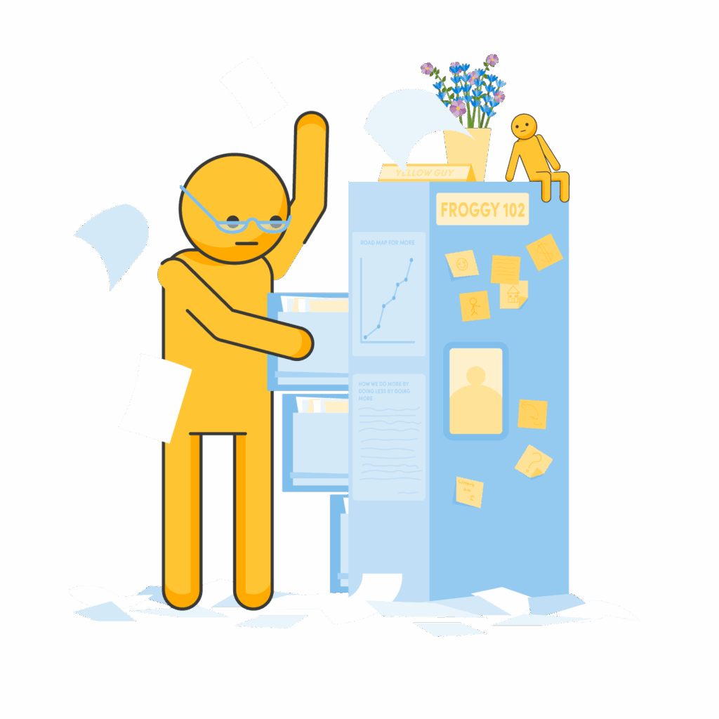 Illustration of a person organizing documents into a server cabinet