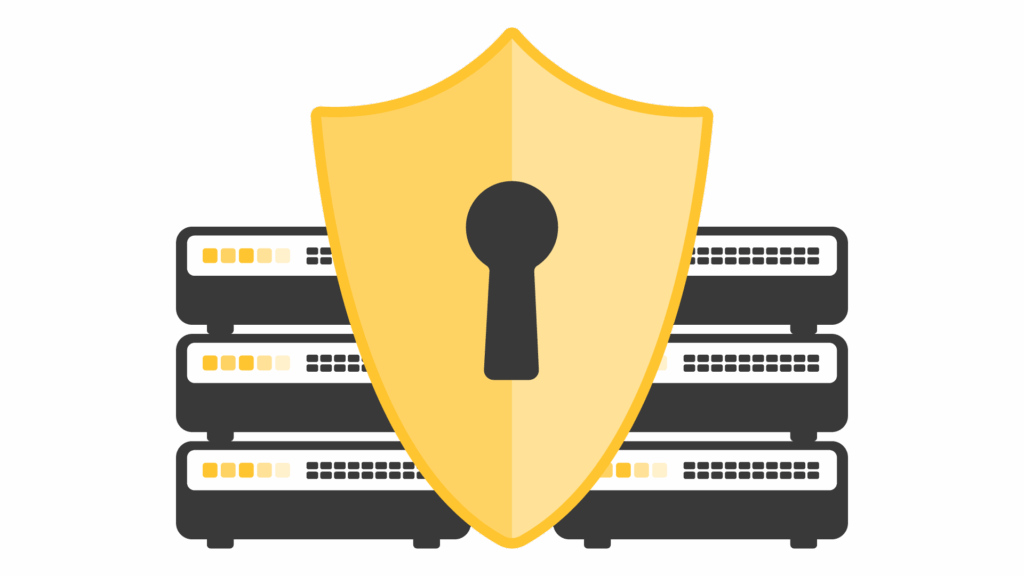 Illustration of a gold security shield in front of server racks