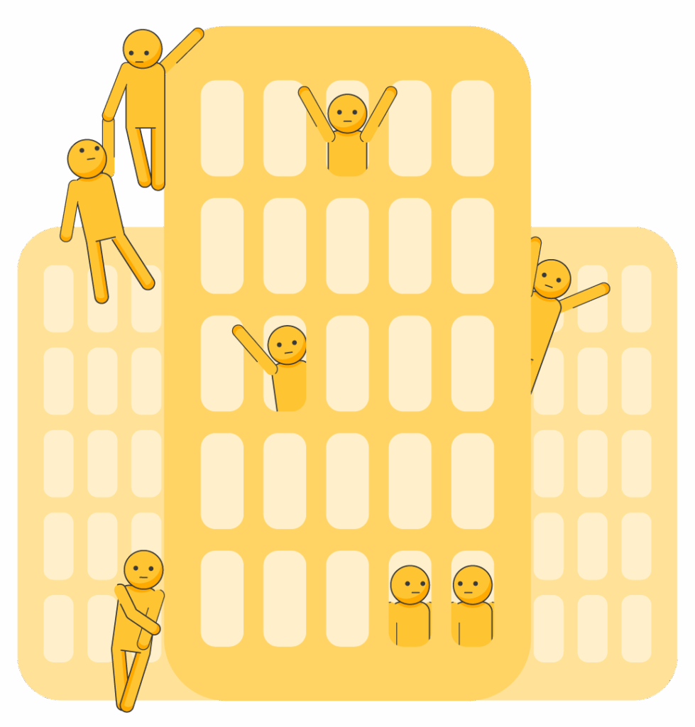 Illustration of people in a multi-floor building with network signals, representing connected workspaces