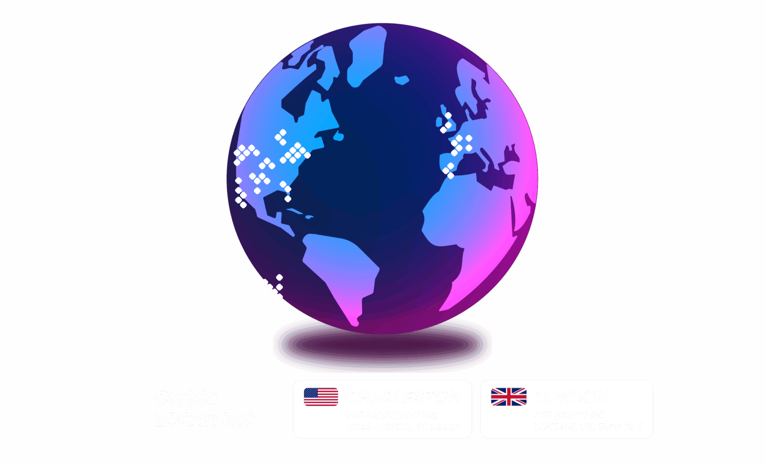 Globe illustration showing isofy’s office locations in Charleston, USA, and London, UK