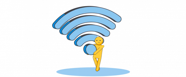 Cartoon figure holding the bottom dot of a Wi-Fi signal icon, symbolizing reliable and human-centered workspace connectivity.